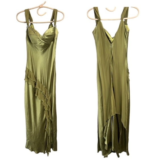 Vintage Dresses & Skirts - Dina Bar-el Chartreuse Green 100% Silk Slip Cocktail Gown Jewel Sleeve & Train